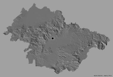 Cezayir 'in Mascara eyaleti, başkenti katı renk arkaplanı ile izole edilmiştir. Çift seviyeli yükseklik haritası. 3B görüntüleme