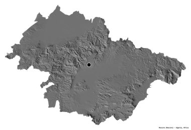 Cezayir 'in başkenti Mascara' nın beyaz arka planda izole edilmiş hali. Çift seviyeli yükseklik haritası. 3B görüntüleme