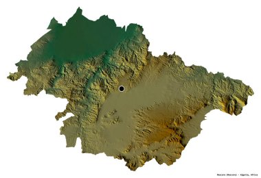 Cezayir 'in başkenti Mascara' nın beyaz arka planda izole edilmiş hali. Topografik yardım haritası. 3B görüntüleme