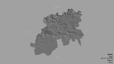 Cezayir 'in Medea bölgesi, katı bir arka planda izole edilmiş bir sınır kutusunda. Etiketler. Çift seviyeli yükseklik haritası. 3B görüntüleme