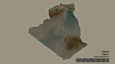 Başkenti, ana bölgesel bölümü ve ayrılmış Medea bölgesi ile Cezayir 'in dejenere edilmiş şekli. Etiketler. Topografik yardım haritası. 3B görüntüleme