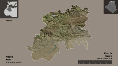 Cezayir 'in Medea bölgesi ve başkenti. Uzaklık ölçeği, ön gösterimler ve etiketler. Uydu görüntüleri. 3B görüntüleme