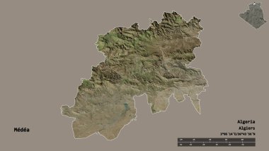 Cezayir 'in Medea eyaleti, başkenti sağlam bir zemin üzerinde izole edilmiştir. Uzaklık ölçeği, bölge önizlemesi ve etiketleri. Uydu görüntüleri. 3B görüntüleme
