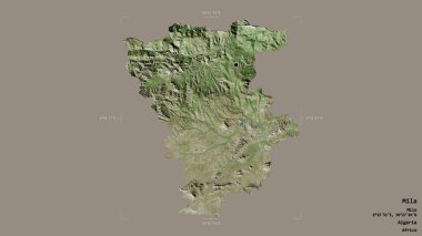 Mila bölgesi, Cezayir eyaleti, katı bir arka planda izole edilmiş bir sınır kutusunda. Etiketler. Uydu görüntüleri. 3B görüntüleme