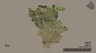 Cezayir 'in Mila eyaleti, başkenti sağlam bir zemin üzerinde izole edilmiştir. Uzaklık ölçeği, bölge önizlemesi ve etiketleri. Uydu görüntüleri. 3B görüntüleme