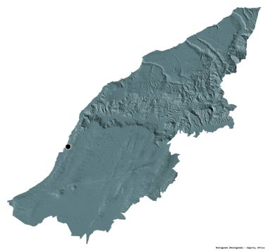 Cezayir 'in başkenti Mostaganem' in beyaz arka planda izole edilmiş hali. Renkli yükseklik haritası. 3B görüntüleme