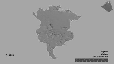Cezayir 'in başkenti M' Sila 'nın katı arka planda izole edilmiş hali. Uzaklık ölçeği, bölge önizlemesi ve etiketleri. Çift seviyeli yükseklik haritası. 3B görüntüleme