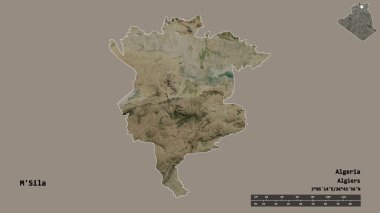 Cezayir 'in başkenti M' Sila 'nın katı arka planda izole edilmiş hali. Uzaklık ölçeği, bölge önizlemesi ve etiketleri. Uydu görüntüleri. 3B görüntüleme