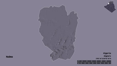 Cezayir 'in Naama eyaleti, başkenti sağlam bir zemin üzerinde izole edilmiştir. Uzaklık ölçeği, bölge önizlemesi ve etiketleri. Renkli yükseklik haritası. 3B görüntüleme