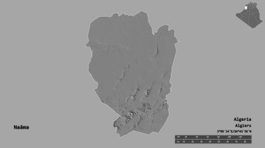 Cezayir 'in Naama eyaleti, başkenti sağlam bir zemin üzerinde izole edilmiştir. Uzaklık ölçeği, bölge önizlemesi ve etiketleri. Çift seviyeli yükseklik haritası. 3B görüntüleme