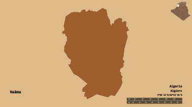 Cezayir 'in Naama eyaleti, başkenti sağlam bir zemin üzerinde izole edilmiştir. Uzaklık ölçeği, bölge önizlemesi ve etiketleri. Desenli dokuların bileşimi. 3B görüntüleme