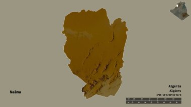 Cezayir 'in Naama eyaleti, başkenti sağlam bir zemin üzerinde izole edilmiştir. Uzaklık ölçeği, bölge önizlemesi ve etiketleri. Topografik yardım haritası. 3B görüntüleme