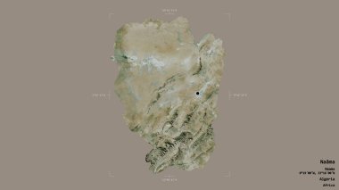 Naama bölgesi, Cezayir vilayeti, jeoreferated sınır kutusunda sağlam bir arka planda izole edilmiş. Etiketler. Uydu görüntüleri. 3B görüntüleme