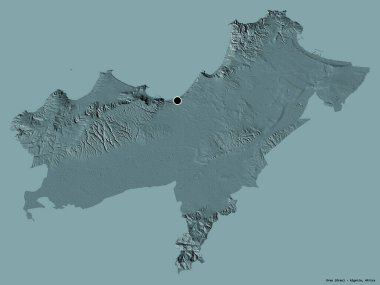 Cezayir eyaleti Oran 'ın şekli, başkenti katı renk arka planında izole edilmiş. Renkli yükseklik haritası. 3B görüntüleme