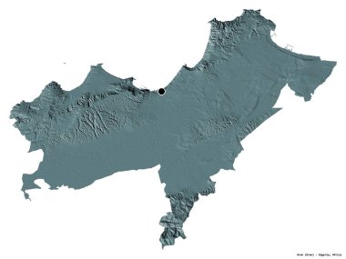 Cezayir 'in Oran Eyaleti' nin başkenti beyaz arka planda izole edilmiştir. Renkli yükseklik haritası. 3B görüntüleme