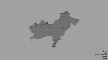 Oran bölgesi, Cezayir vilayeti, jeoreferated sınır kutusunda sağlam bir arka planda izole edilmiş. Etiketler. Çift seviyeli yükseklik haritası. 3B görüntüleme