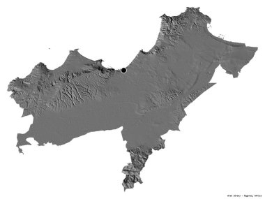 Cezayir 'in Oran Eyaleti' nin başkenti beyaz arka planda izole edilmiştir. Çift seviyeli yükseklik haritası. 3B görüntüleme