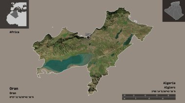 Oran 'ın şekli, Cezayir eyaleti ve başkenti. Uzaklık ölçeği, ön gösterimler ve etiketler. Uydu görüntüleri. 3B görüntüleme