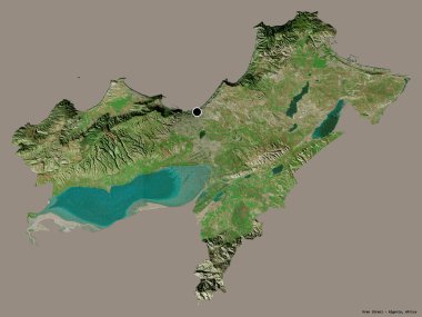 Cezayir eyaleti Oran 'ın şekli, başkenti katı renk arka planında izole edilmiş. Uydu görüntüleri. 3B görüntüleme