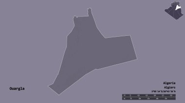 Cezayir 'in Ouargla eyaleti, başkenti sağlam bir zemin üzerinde izole edilmiştir. Uzaklık ölçeği, bölge önizlemesi ve etiketleri. Renkli yükseklik haritası. 3B görüntüleme