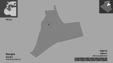 Ouargla 'nın şekli, Cezayir vilayeti ve başkenti. Uzaklık ölçeği, ön gösterimler ve etiketler. Çift seviyeli yükseklik haritası. 3B görüntüleme