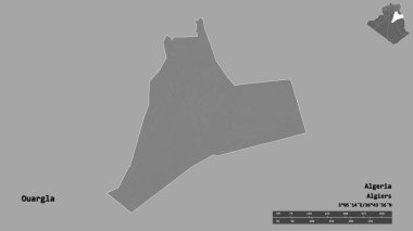 Cezayir 'in Ouargla eyaleti, başkenti sağlam bir zemin üzerinde izole edilmiştir. Uzaklık ölçeği, bölge önizlemesi ve etiketleri. Çift seviyeli yükseklik haritası. 3B görüntüleme