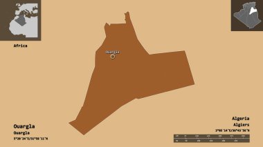 Ouargla 'nın şekli, Cezayir vilayeti ve başkenti. Uzaklık ölçeği, ön gösterimler ve etiketler. Desenli dokuların bileşimi. 3B görüntüleme