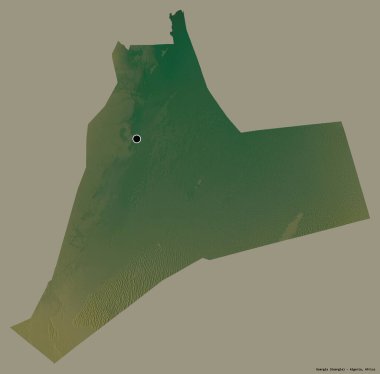 Cezayir 'in Ouargla eyaleti, başkenti katı renk arkaplanı ile izole edilmiştir. Topografik yardım haritası. 3B görüntüleme