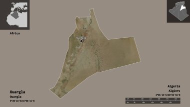 Ouargla 'nın şekli, Cezayir vilayeti ve başkenti. Uzaklık ölçeği, ön gösterimler ve etiketler. Uydu görüntüleri. 3B görüntüleme