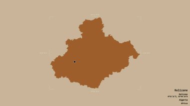 Cezayir 'in Relizane bölgesi, katı bir arka planda izole edilmiş bir sınır kutusunda. Etiketler. Desenli dokuların bileşimi. 3B görüntüleme