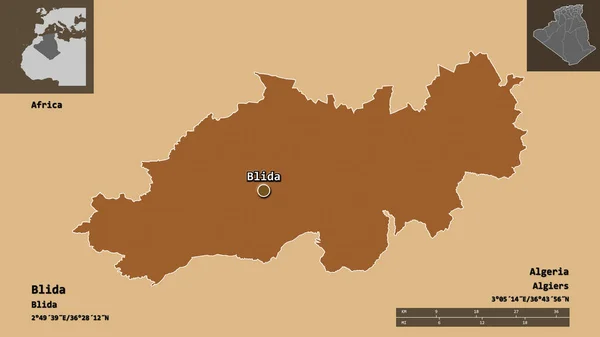 Blida Algeriets Provins Och Dess Huvudstad Avståndsskala Förhandsvisningar Och Etiketter — Stockfoto