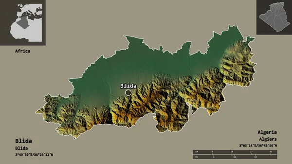 Blida Alakja Algéria Tartomány Fővárosa Távolsági Skála Előnézet Címkék Topográfiai — Stock Fotó