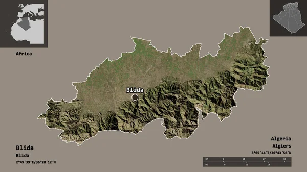 阿尔及利亚省Blida的形状及其首都 距离刻度 预览和标签 卫星图像 3D渲染 — 图库照片