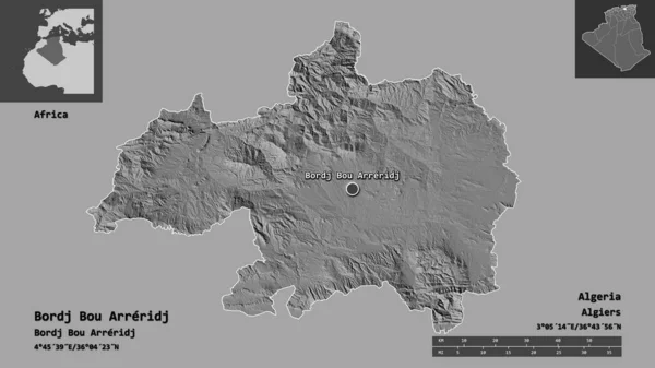 Bordj Bou Arreridj形状 阿尔及利亚省及其首都 距离刻度 预览和标签 Bilevel高程图 3D渲染 — 图库照片