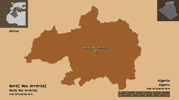 Bordj Bou Arreridj形状 阿尔及利亚省及其首都 距离刻度 预览和标签 图形纹理的组成 3D渲染 — 图库照片