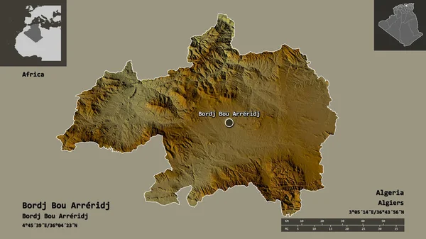 Bordj Bou Arreridj形状 阿尔及利亚省及其首都 距离刻度 预览和标签 地形浮雕图 3D渲染 — 图库照片