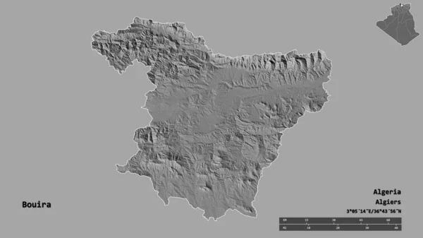 阿尔及利亚的布伊拉省的形状 其首都在坚实的背景下与世隔绝 距离尺度 区域预览和标签 Bilevel高程图 3D渲染 — 图库照片