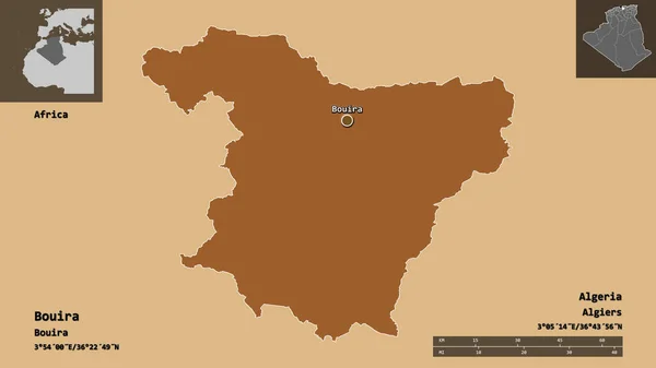 アルジェリアのブイラ州とその首都の形 距離スケール プレビューおよびラベル パターン化されたテクスチャの構成 3Dレンダリング — ストック写真