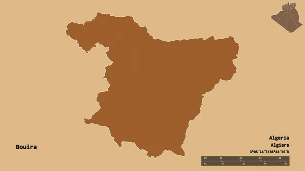 アルジェリアのブイラ州の形は その首都をしっかりとした背景に隔離しています 距離スケール リージョンプレビュー およびラベル パターン化されたテクスチャの構成 3Dレンダリング — ストック写真