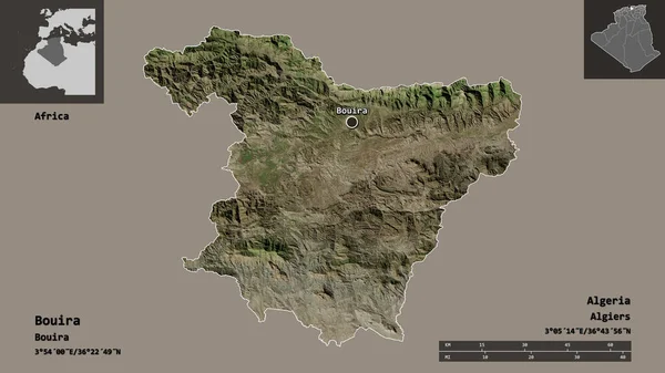 Form Bouira Provinsen Algeriet Och Dess Huvudstad Avståndsskala Förhandsvisningar Och — Stockfoto