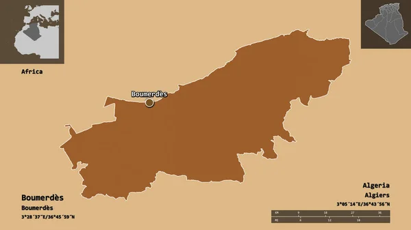 アルジェリアのブメルデス州とその首都の形 距離スケール プレビューおよびラベル パターン化されたテクスチャの構成 3Dレンダリング — ストック写真