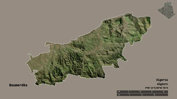 アルジェリアのブメルデス州の形で その首都はしっかりとした背景に隔離されています 距離スケール リージョンプレビュー およびラベル 衛星画像 3Dレンダリング — ストック写真