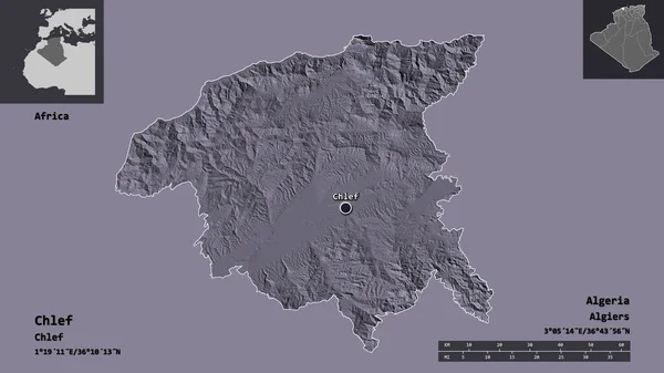 阿尔及利亚省的Chlef形状及其首都 距离刻度 预览和标签 彩色高程图 3D渲染 — 图库照片