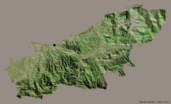 アルジェリアのブメルデス州の形で その首都はしっかりとした色の背景に隔離されています 衛星画像 3Dレンダリング — ストック写真