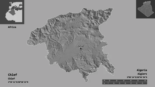 阿尔及利亚省的Chlef形状及其首都 距离刻度 预览和标签 Bilevel高程图 3D渲染 — 图库照片