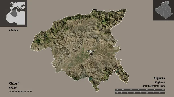 阿尔及利亚省的Chlef形状及其首都 距离刻度 预览和标签 卫星图像 3D渲染 — 图库照片