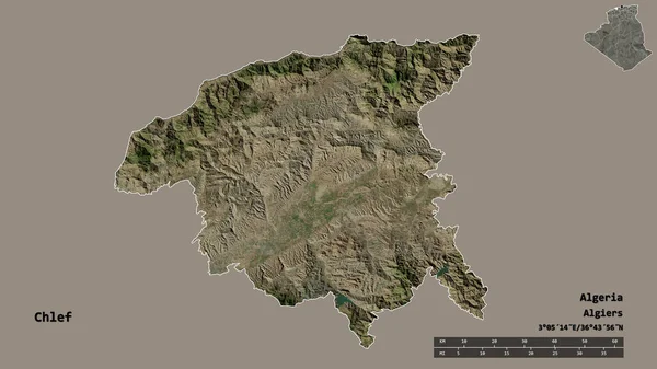 阿尔及利亚省Chlef的形状 其首都在坚实的背景下与世隔绝 距离尺度 区域预览和标签 卫星图像 3D渲染 — 图库照片