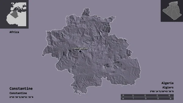アルジェリアのコンスタンティン州とその首都の形 距離スケール プレビューおよびラベル 色の標高マップ 3Dレンダリング — ストック写真
