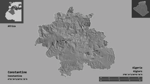 Shape Constantine Province Algeria Its Capital Distance Scale Previews Labels — Stock Photo, Image