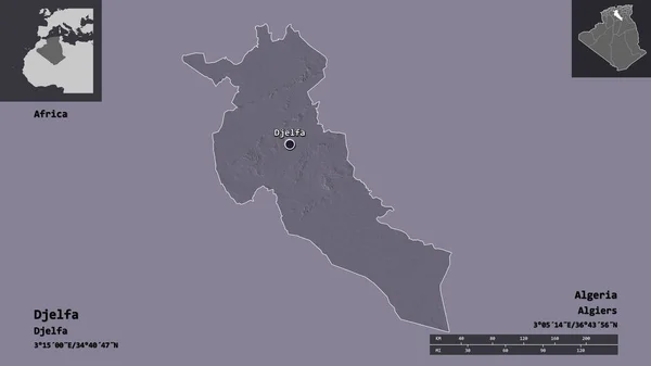 アルジェリアの州であるジェルファとその首都の形 距離スケール プレビューおよびラベル 色の標高マップ 3Dレンダリング — ストック写真